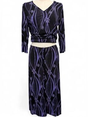 Briggs Vintage 90s Purple & black floral abstract midi button skirt top set PM